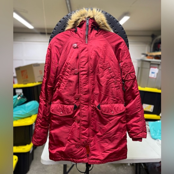 Alpha Industries Faux Fur Hood N-3B Parka – Red Reversible Nylon - Picture 6 of 13